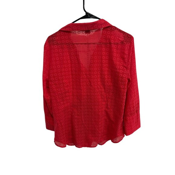 Ann Taylor Red Patterned Sz 12 Sheer Button-Down Blouse 3/4 Sleeve Lightweight - Picture 2 of 9